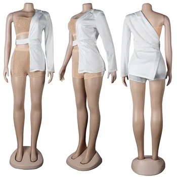 3pcs/iestatīt Vienu Shoudler Klubu Apģērbs ar Rhinestones Sievietes Sexy Strapless Kultūraugu Top + Mini Bikses + Žakete ar garām Piedurknēm ar Vērtnes