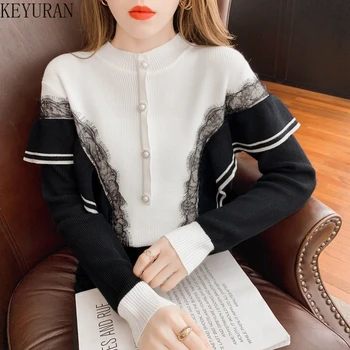 Mežģīņu Izšūšanas Ruffles Sieviešu Džemperis Džemperis Ir 2021. Rudens korejas Kontrasta Krāsu Viltus divdaļīga Dibenu Adīt Krekls Topi Džemperis