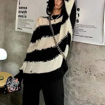 Deeptown Harajuku Grunge Svītrainu Trikotāžas Džemperis Sievietēm Korejiešu Stilā Vintage Lielajam Garām Piedurknēm Crewneck Džemperis Sexy Ziemas Augšu