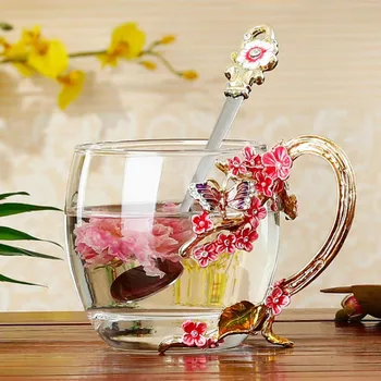 Skaisti emaljas krāsu kristāla karstumizturīga stikla kausa ziedu kafijas krūze mājās dzeramā tases angļu pēcpusdienas tēja kausa labāko