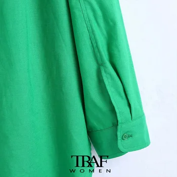 TRAF Za Sieviešu Modes Lielgabarīta Zaļa Lina Blūzes Vintage garām Piedurknēm Pogas-uz augšu Sieviešu Krekli Šiks Topi