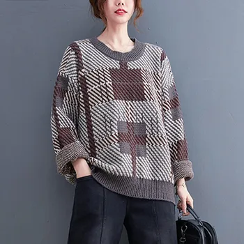 Sievietēm Ar Garām Piedurknēm Gadījuma Džemperi Jaunas Ielidošanas 2021 Rudens Ziemas Korejiešu Stilā Vintage Pleds Zaudēt Sieviešu Trikotāžas Džemperi B1327