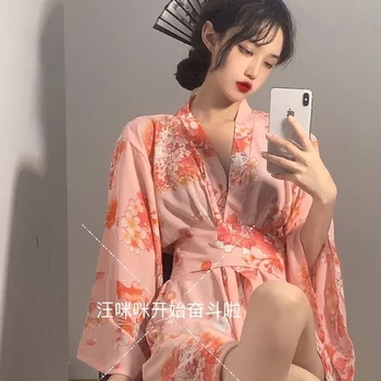 Japāņu Kimono Sexy Cosplay Vienotos par Sievietēm, Mīksta Zīda Josta Rozā Tradicionālā Stila Drēbes AV Kostīmi Pidžamas Kaisles vilinājums