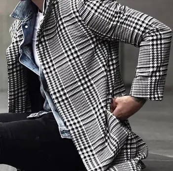 Vīriešu Modes Pleds Pārbauda Uzrakt Mētelis Zīmola Slim Fit Streetwear Mēteli Vienu Krūtīm, Outwear Vējjaka Manteau Homme