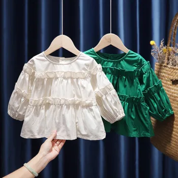 Modes Korejas Zaudēt Mazas Meitenes Kārtainā Mīkla-Krekls Ar Garām Piedurknēm Baby Girl Toddler Blūze Topi Rudens Zīdaiņiem Un Bērniem, Bērnu Kostīmu Dāvanas