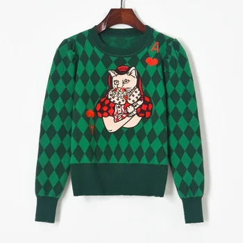 Džemperis Sieviešu Džemperis ar garām Piedurknēm Argyle Kaķis Izšuvumi O Kakla Koledžas Stila Gadījuma Šiks Visu maču Streetwear Vintage Džemperi