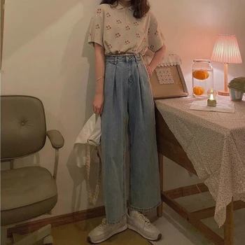 Sieviešu Džinsi Mežģīnes Savienoti Sweet Meitenes Augsta Vidukļa Plaša Kāju Bikses Vintage Zaudēt Studentu Rudens Jauns Korejiešu Šiks Atpūtas Modes