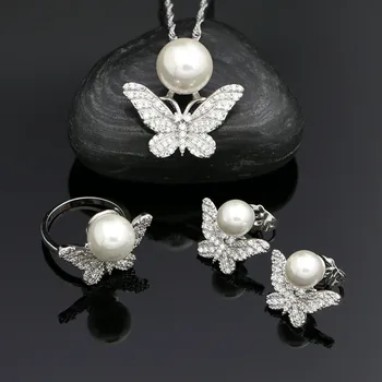 925 Sudraba Kāzu Rotaslietas Komplekti, Sieviešu, Baltas Pērļu Krelles Crystal Butterfly Gredzenu, Kulons, Kaklarota, Auskari
