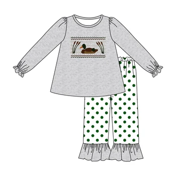 0-8T 2GAB Bērnu, Meiteņu Apģērbs Atbilstu Cietā garām Piedurknēm Top Krekli + Zaļā Režģu Pīļu Ikdienas Apģērbs, Kombinezons Pavasara Rudens