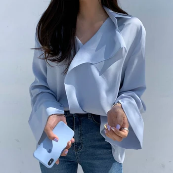 Ir 2021. Pavasara Korejas Šifona Jauns Krekls ar garām Piedurknēm, Elegants V Kakla Krusta Dizains Zila Blūze Sievietēm Gadījuma Visas spēles Zaudēt Topi