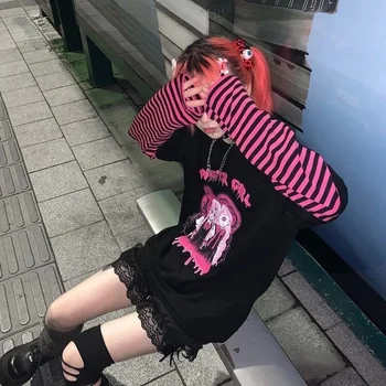 QWEEK Japānas Stila Harajuku Anime Izdrukāt Grafikas Tees Y2k Punk garām Piedurknēm Raibs Sieviešu T-krekli Mall Goth Rudens Modes 2021
