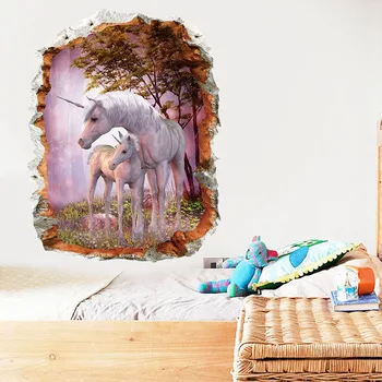 Unicorn Zirgu Forset Sienas Uzlīmes Creative 3d Lauzt Sienas Spēkā Attēla Iestatījumu Uzlīmes Dekoratīvās Bērnu Istabas Dekors