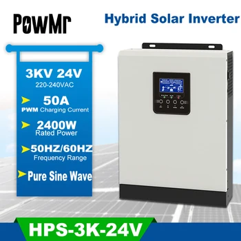 PowMr 2400W Hibrīda Saules enerģijas Pārveidotājs 220V 50A PWM 3KVA Pure Sine Wave Inverter 50/60HZ Off Tīkla 24V Akumulatoru Lādētāju, Saules Inversor