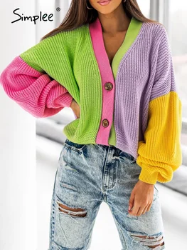 Simplee Krāsu bloku lielajam laternu piedurknēm sieviešu jaka, Rudens ziemas krāsains džemperis jaka Za modes vaļēju mēteli 2021