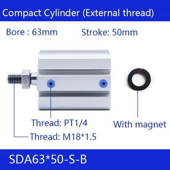 SDA63*50-B, 63mm Nesa 50mm Gājiens Ārējā vītne Kompakts Gaisa Baloniem Dual Action Pneimatiskā Cilindra