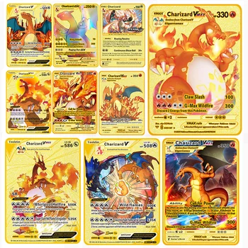 2022 Jaunu Pokemon Vmax Metāla Zelta Kartes Charizard Max Pasūtījuma Metālu 25 gadu Jubilejas Karti Pokemon Spēle Kolekcija Kartes, Rotaļlietas