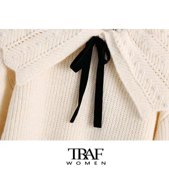 TRAF Za Sieviešu Salds Modes Ar Mākslīgās Pērles Adīt Džemperis Vintage Atšķirībā Loku garām Piedurknēm, Sieviešu Džemperi Šiks Topi