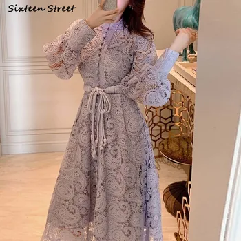 Jaunā Pavasara Vintage Kleita Sieviete Violetu Mežģīņu Vienu-krūšu Augsts Viduklis Kleitas Sieviete Vestido Ilgi Puff Piedurknēm, Elegants Puse Kleita