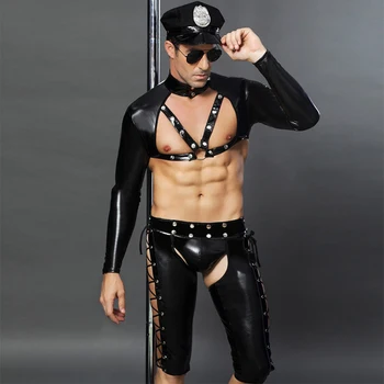 Seksīgs Mākslīgās Ādas Vīriešu Sexy Policijas Kostīmu Karstā Erotiska Cop Vienotus Pieaugušo Vīriešu Lomu Spēļu Kostīmu Dzimuma Apģērbu Top + Bikses + Cepure