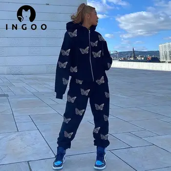 INGOO Tauriņš Dimanta Vīles Tracksuit 2 Gabals, kas Sievietēm Rāvējslēdzējs Kapuces Džemperis un Elsas Gadījuma Sporta Tērpiem Y2K Streetwear