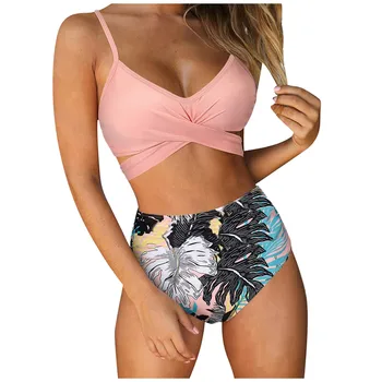 Pludmales Bikini Komplekts V Kakla Push-Up Polsterētām Krūšturis Sandales Vasarā Peldkostīmi Sievietēm Ir 2021. Jaunu un Seksīgu Modes Ziedu Iespiesti Biquini Feminino