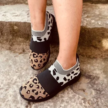 Sieviešu sporta kurpes Jaunas Modes Leopard Viegls Trikotāžas Ikdienas Apavi Sieviete Acs Elpojošs sneaker sieviešu dzīvokļos mokasīni