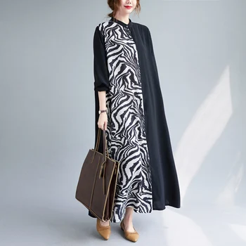 Melns Vintage Zebras Svītrainais Garas Kleitas Sievietēm Ar Garām Piedurknēm Zaudēt Gadījuma Maxi Krekls, Kleita Modes Apģērbu Pavasara Rudens Ir 2021.