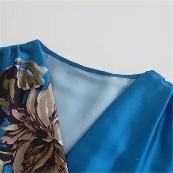 TRAF Za 2021 Zilu Ziedu Kleitu Sieviete Wrap Gara Kleita Sieviešu Rudens Vintage Print Midi Elegants Kleitas ar V-Kakla Gadījuma Kleitas