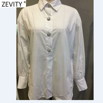 Zevity 2022 Jaunā Sieviešu Modes Dimanta Pogas, Balts Poplīns Smock Blūze Dāmas ar garām Piedurknēm Krekli Kimono Šiks Blusas Topi LS9808