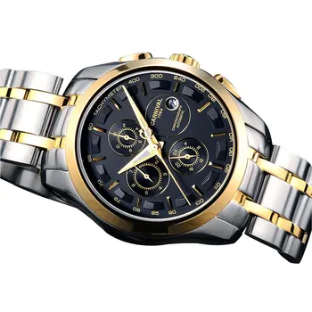 Karnevāla Vīriešu Biznesa Daudzfunkciju Tērauda Watchband Triple Windows Automātisko, Mehāniskās rokas Pulkstenis Skatīties -zelta bezel black dial