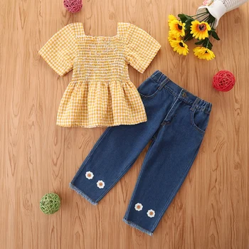 2021-06-07 Lioraitiin 1-6Years Toddler Meitene ir T-krekls un Bikses, Uzvalks Modes Pleds Īstermiņa piedurknēm Topi Little Daisy Džinsa Bikses