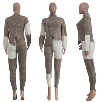 HAOYUAN Trikotāžas Raibs Divas Gabals, kas garām Piedurknēm Džemperis Topi Gadījuma Bikses Sievietēm Loungewear Ziemas Drēbes, atbilstības Komplekti