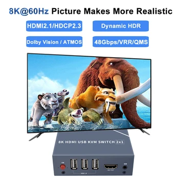 8K HDMI-saderīgam Sadalītāja 4K Slēdzis KVM slēdzis USB 2 in1 Komutatoru ar datoru, monitoru, Tastatūru Un Peli EDID / HDCP Printeri