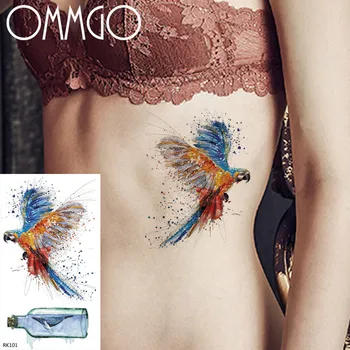OMMGO Akvarelis Grafiti Papagailis Pagaidu Tetovējumiem Sievietēm, Vīriešiem, Uzlīmes Viltus Tetovējums Spuldzes Jūras Tatoos Body Art Rokas Lapa