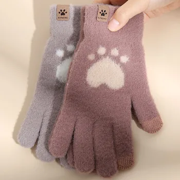 Ziemā Silts, Pilnībā Pirkstiem Cimdi Sievietēm Cute Kaķu Ķepu Nagiem Cimdi Mīkstas Mākslīgās Kažokādas Touch Screen Dāmas Cimdi (Pirkstaiņi