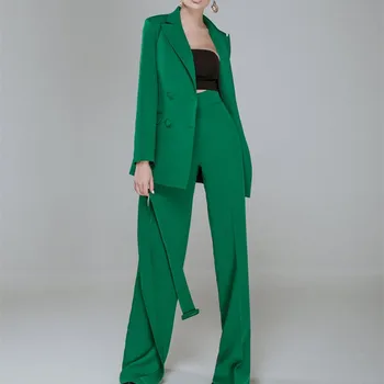 Eleganta Žakete Modes Tērpi Sievietēm Double Krūšu Kabatas, Jaka Streetwear Biroja Dāma Ikdienas Ikdienas Zaļo Mēteli, 2 Gab. Komplekts