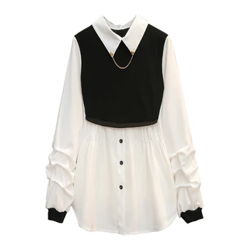 Balts Krekls Sieviešu Dizaina Apģērbu Rudens Ir 2021. Adīti Kokvilnas Lupatu Garām Piedurknēm Viltus Divas Gabals Brīvs Ikdienas Topi