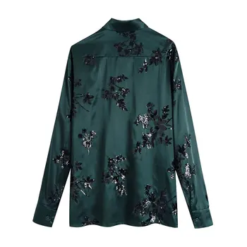 TRAF Za Zaļā Vintage Garš Krekls Sievietēm Vizuļi Sieviešu OversizeTop Modes Sieviete, Blūzes Ir 2021. Izšuvumi Rudens Pogu Up Krekls