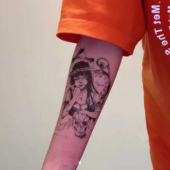 Tumši Leļļu Ragana Ūdensnecaurlaidīgus Pagaidu Tetovējumu Uzlīmes Sievietes Galvaskausa Važas Šausmu Mākslas Viltus Tetovējumiem Ziedu Rokas Tetovējumu Uzlīmes