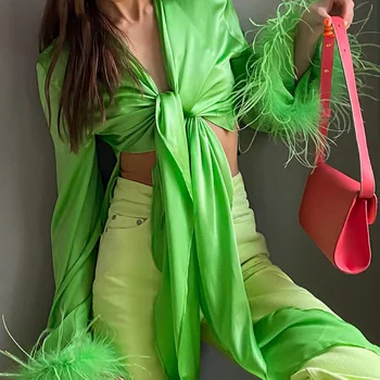 Hirigin Satīna Krekli Sexy Loku Apgriezts Augšu Sievietēm ar garām Piedurknēm Spalvu Raibs Dziļu V-veida kakla Ruffles Modes Eleganta Blūze ir 2021.