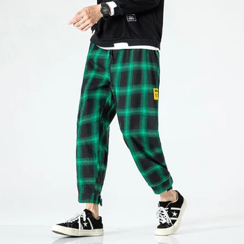 Japāņu Harajuku Pleds Bikses Vīriešu Pavasara Rudens Plus Lieluma Zaudēt Gadījuma Bikses Streetwear Modes Hip Hop Taisni Vīriešu Bikses