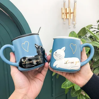 3D Reljefa Kaķis Keramikas trauks ar Vāku un Karoti Ūdens, Kauss Cartoon Mākslas Hipster Sieviešu un Vīriešu Studentu Pāris Kauss
