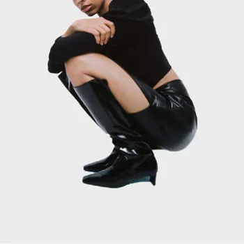 TRAF Za 2021 Black Gari Sieviešu Zābaki Patentu Augstas Ceļgala Zābaki Sieviete Modes Brusas Toe Šiks Punk Stila, Ziemas Zābaki, Sieviešu