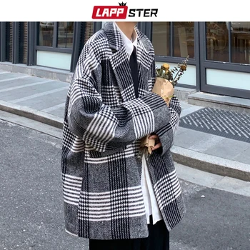 LAPPSTER Vīriešiem Harajuku Vintage Pleds Uzrakt Mētelis Ir 2021. Mens Japāņu Streetwear Garš, Vilnas Mētelis, Vīriešu korejas Lielgabarīta Vējjaka