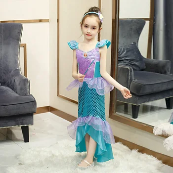 Ir 2021. Maz Sirēna Puse Meitenes Princese Kleita Fancy Kids Halloween Cosplay Kostīmu parūka Sirēna Ariel Girl dress Birthday Party
