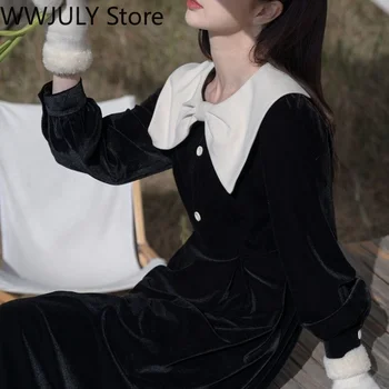 Melns Vintage Samta Kleita Sievietēm Kawaii Viens Gabals Kleita Korejas Modes Garām Piedurknēm, Elegants Midi Kleitu Priekšgala Dizains Ir 2021. Ziemas
