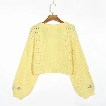 Sieviešu Džemperis Dzeltens Balts Kultūru Džemperi Vintage Garām Piedurknēm O-Veida Kakla Ziedu Emboidery Trikotāžas Džemperis Ir 2021. Rudens Brīvs Džemperis