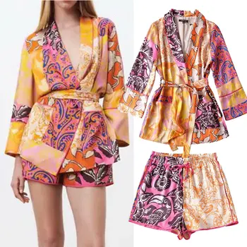 Sieviešu Vasaras Tērps, Apģērbs 2021Za Modes Drukāšanas garām piedurknēm Sajauc Kabatas Mētelis Topi+Augstas wais Šorti Ikdienas, Divas gabals, kas