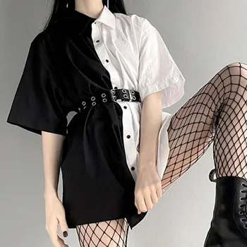 Vasaras Gothic Krekli, Sieviešu Lupatu Pogu Up Blūze Vasaras Korejiešu Stilā Ar Īsām Piedurknēm Apģērbs Lielgabarīta Streetwea Vintage Šiks