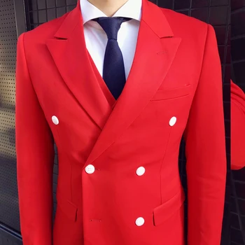Vīriešiem Kāzu Kleitu Sarkanā Kostīmi Vīriešu Boutique Slim Fit Uzvalki Formālās Valkāt Līgavainis noteikt Augstas Kvalitātes Jakas+Veste+Bikses Uzvalki 3-piece